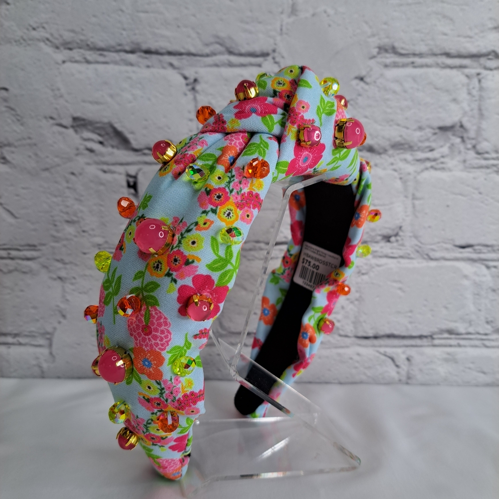 'BRIGHT DAISY' FLORAL GLAM TOP-KNOT ADULT HEADBAND w/ CRYSTALS & STONES NEW